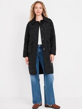 Old Navy Black Long Quilted Button Front Coat Jacket Size Small